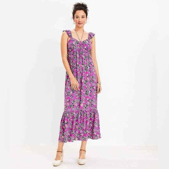 NWT Loft Hibiscus Ruffle Midi Halter Dress in Purple Clover Size 2 - Picture 1 of 9